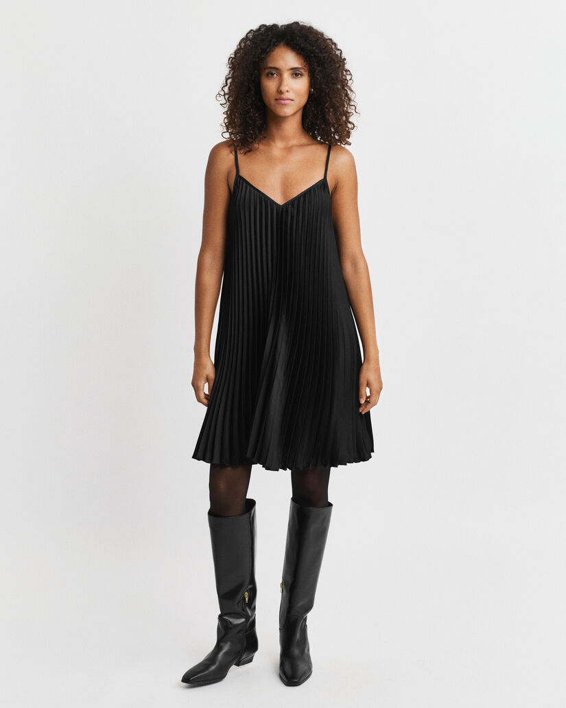Pleated Sateen Mini Strap Dress