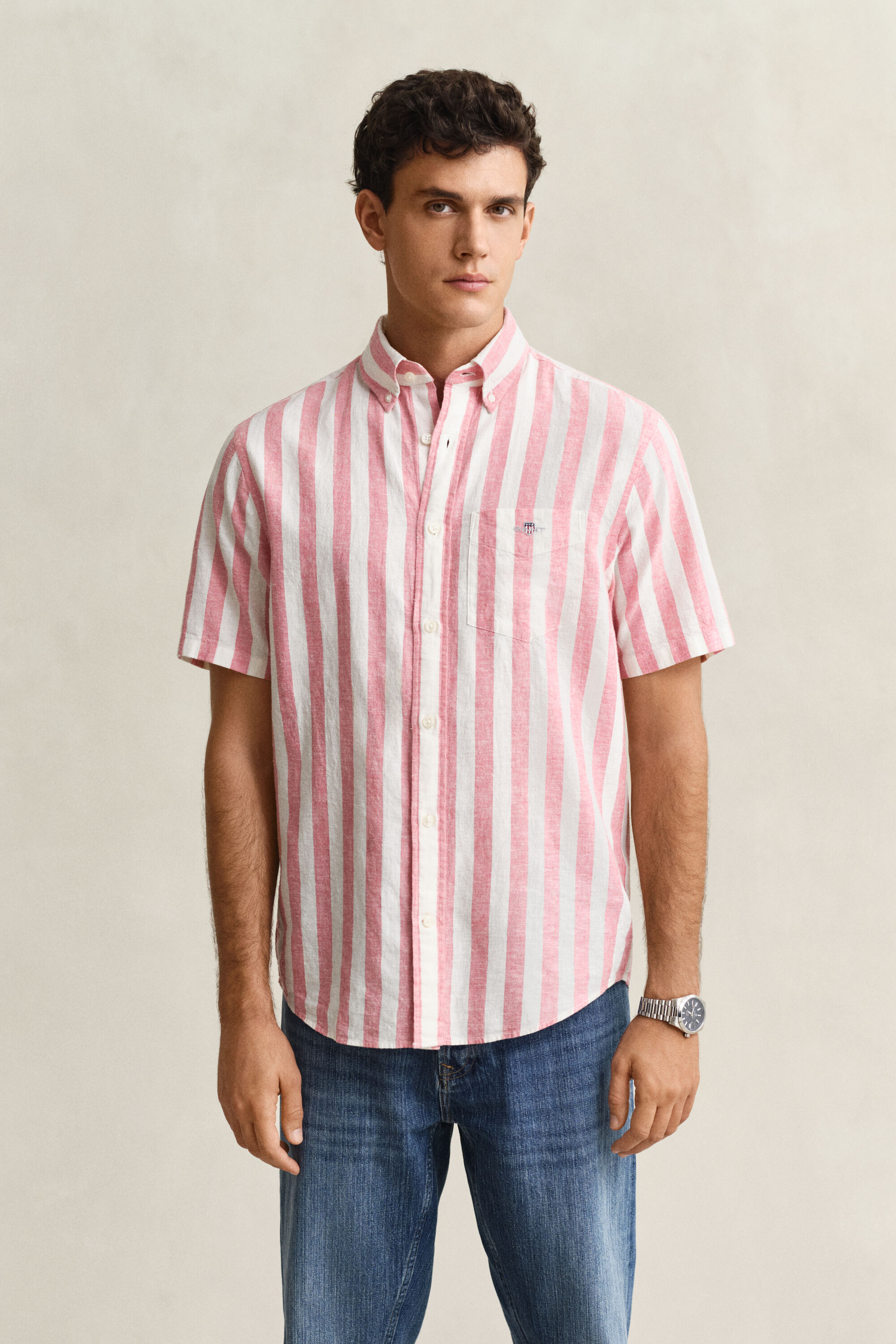 Striped Linen Blend Short Sleeve Shirt