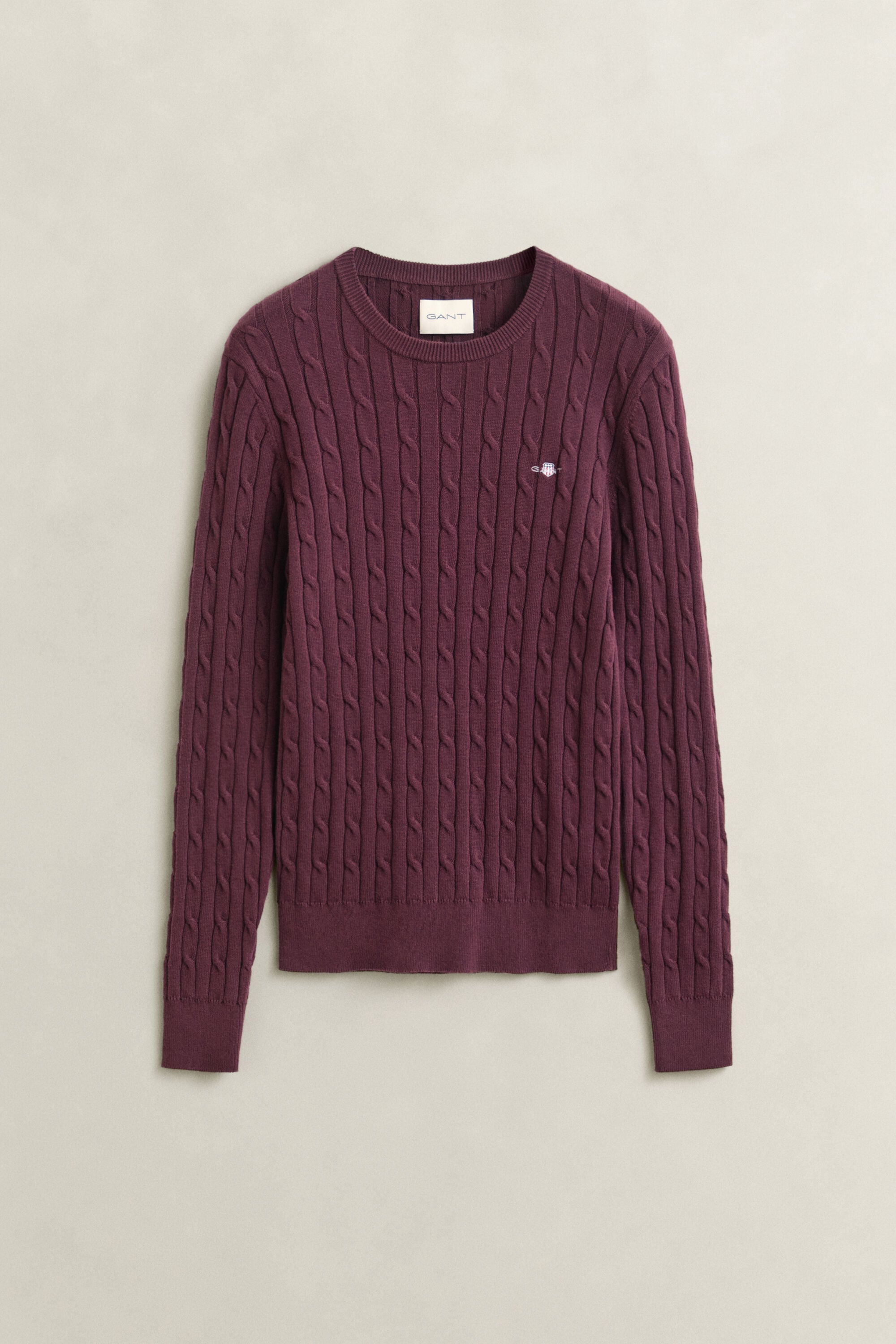 Stretch Cotton Cable Knit Crew Neck Sweater