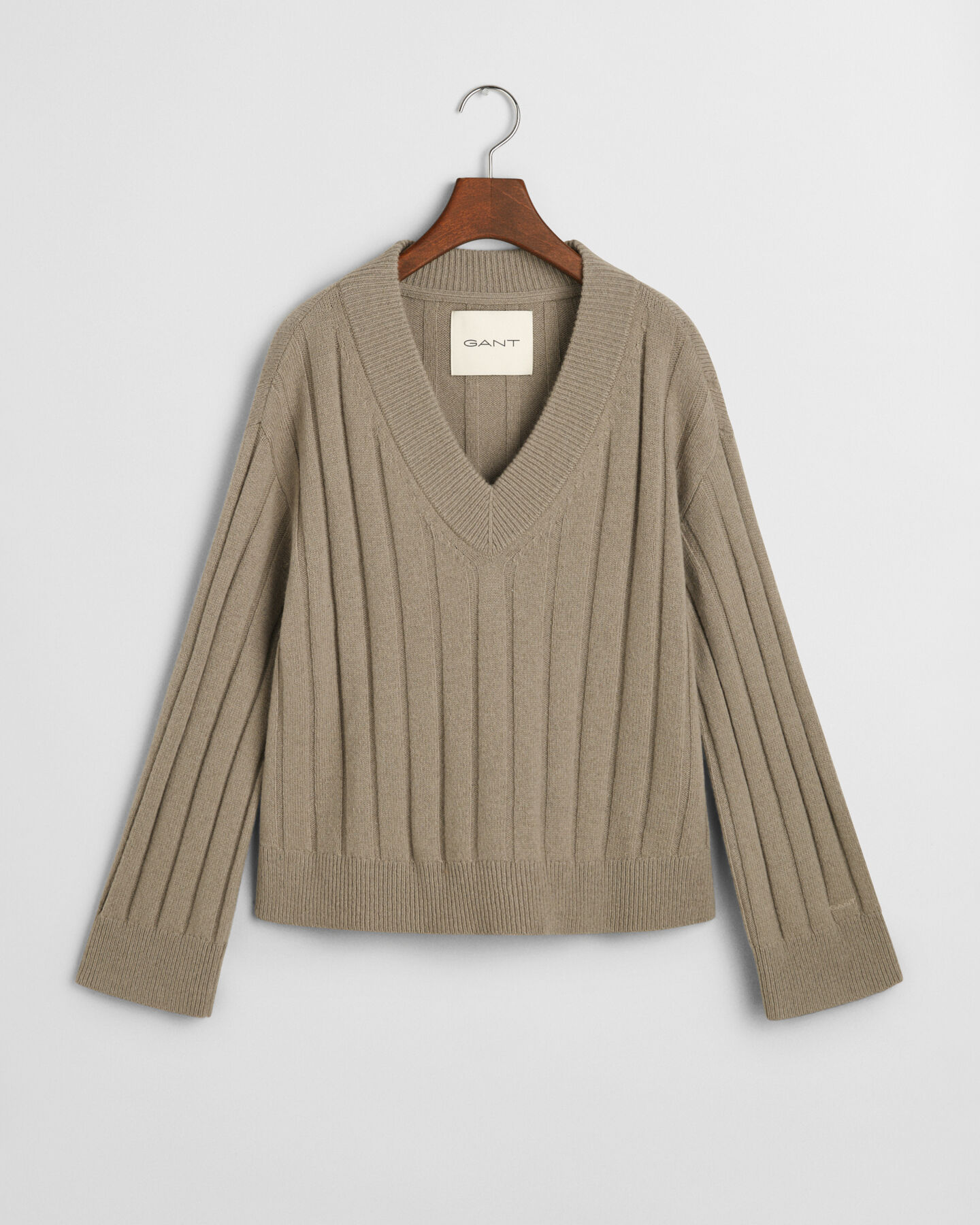Wide Ribbed Wool V-Neck Sweater