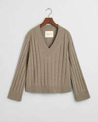Wide Ribbed Wool V-Neck Sweater