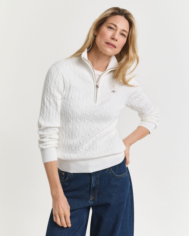 Stretch Cotton Cable Knit Half-Zip Sweater
