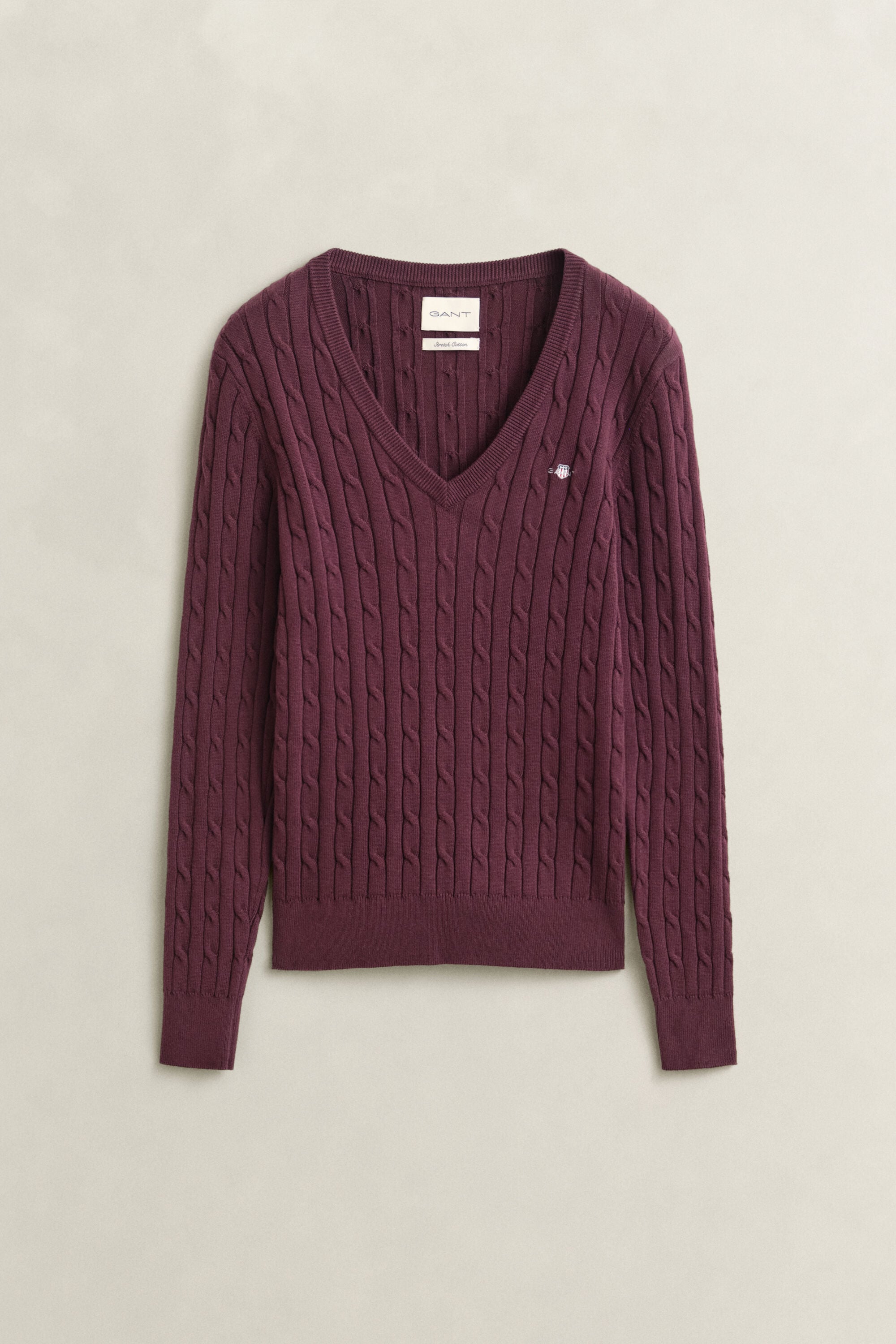 Stretch Cotton Cable Knit V-Neck Sweater