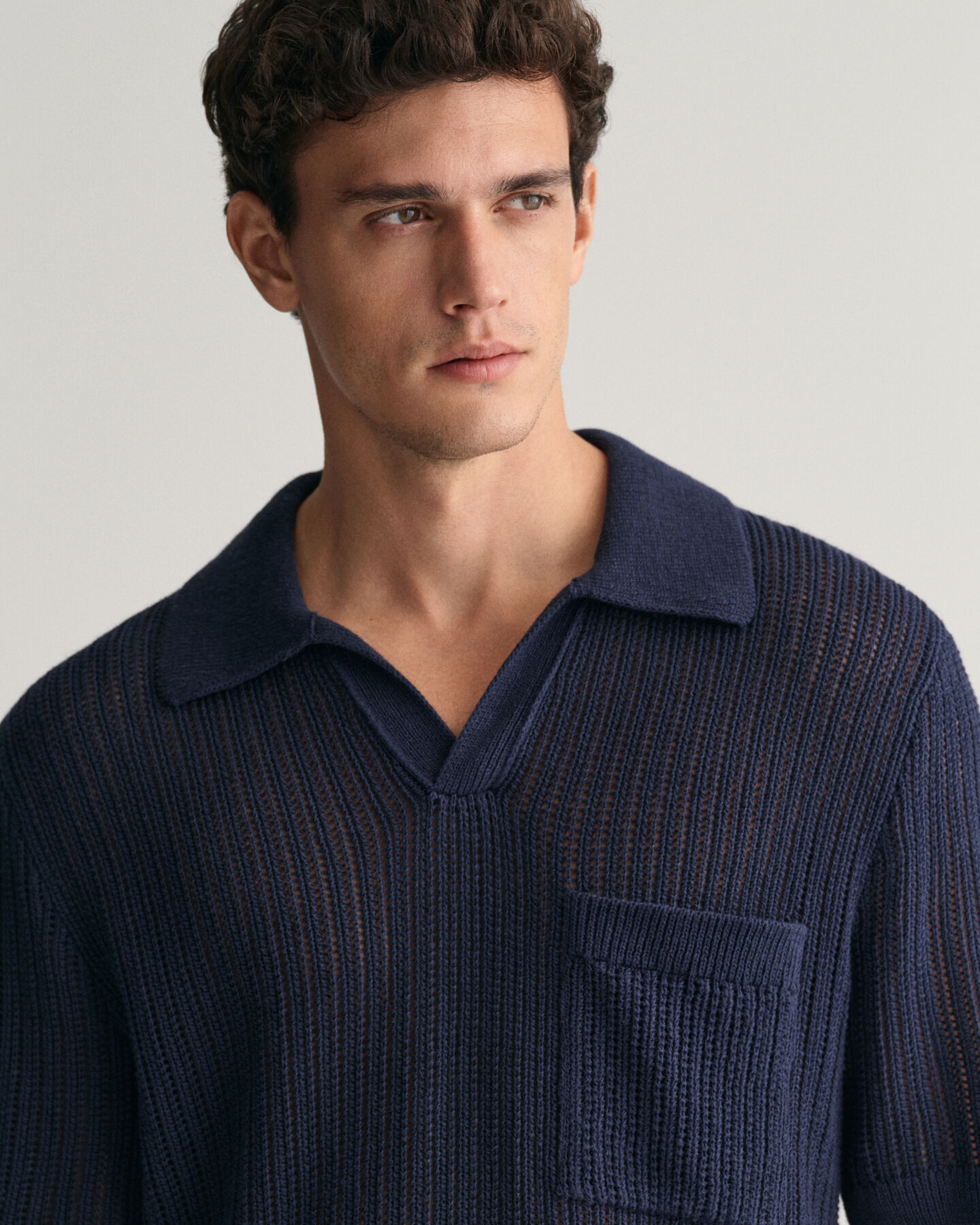 Ribbed Linen Blend Short Sleeve Polo Sweater