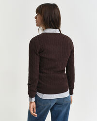 Stretch Cotton Cable Knit V-Neck Sweater