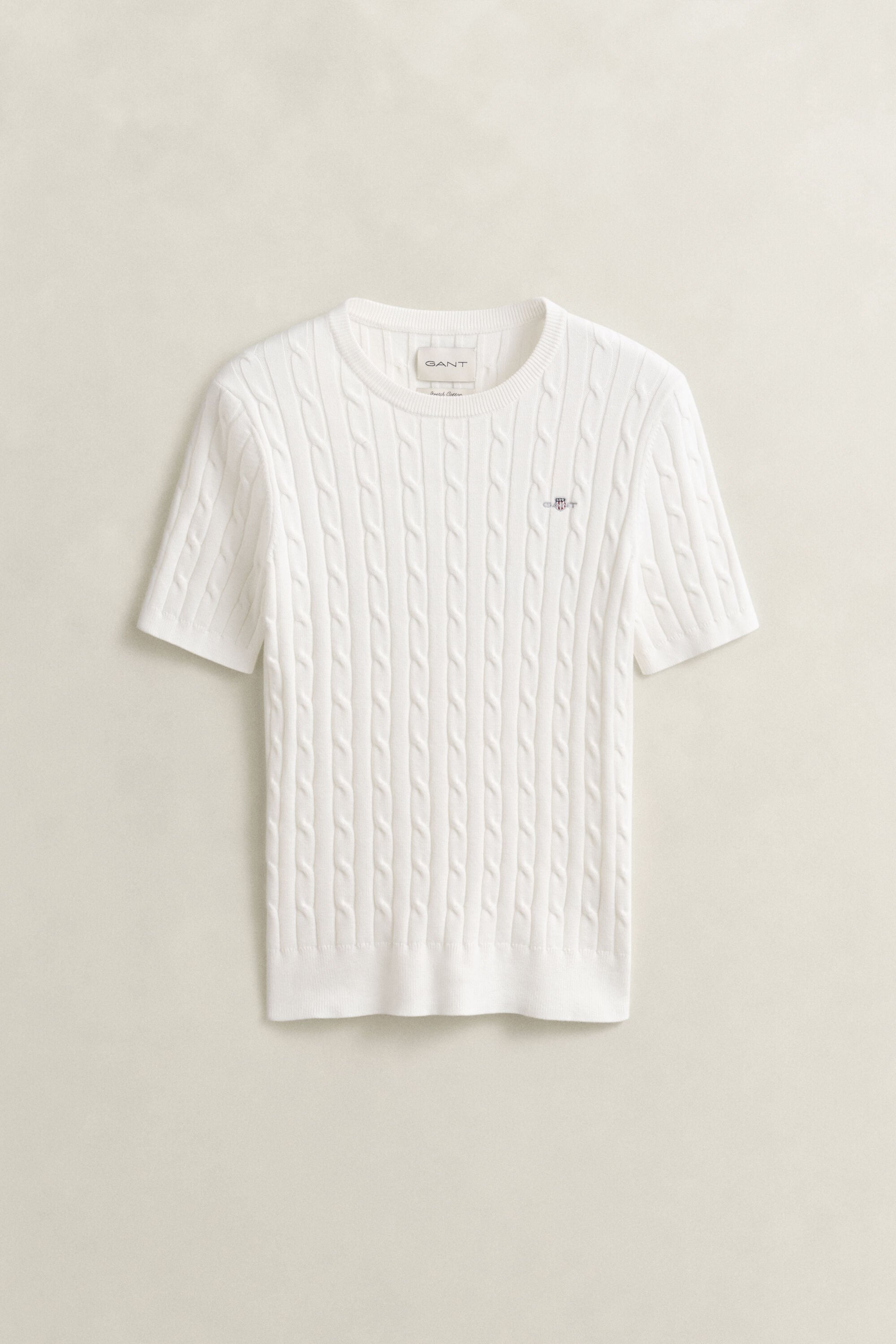Stretch Cotton Cable Knit Short Sleeve Sweater