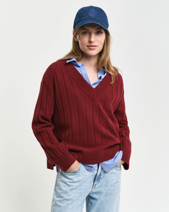 Wide Ribbed Wool V-Neck Sweater