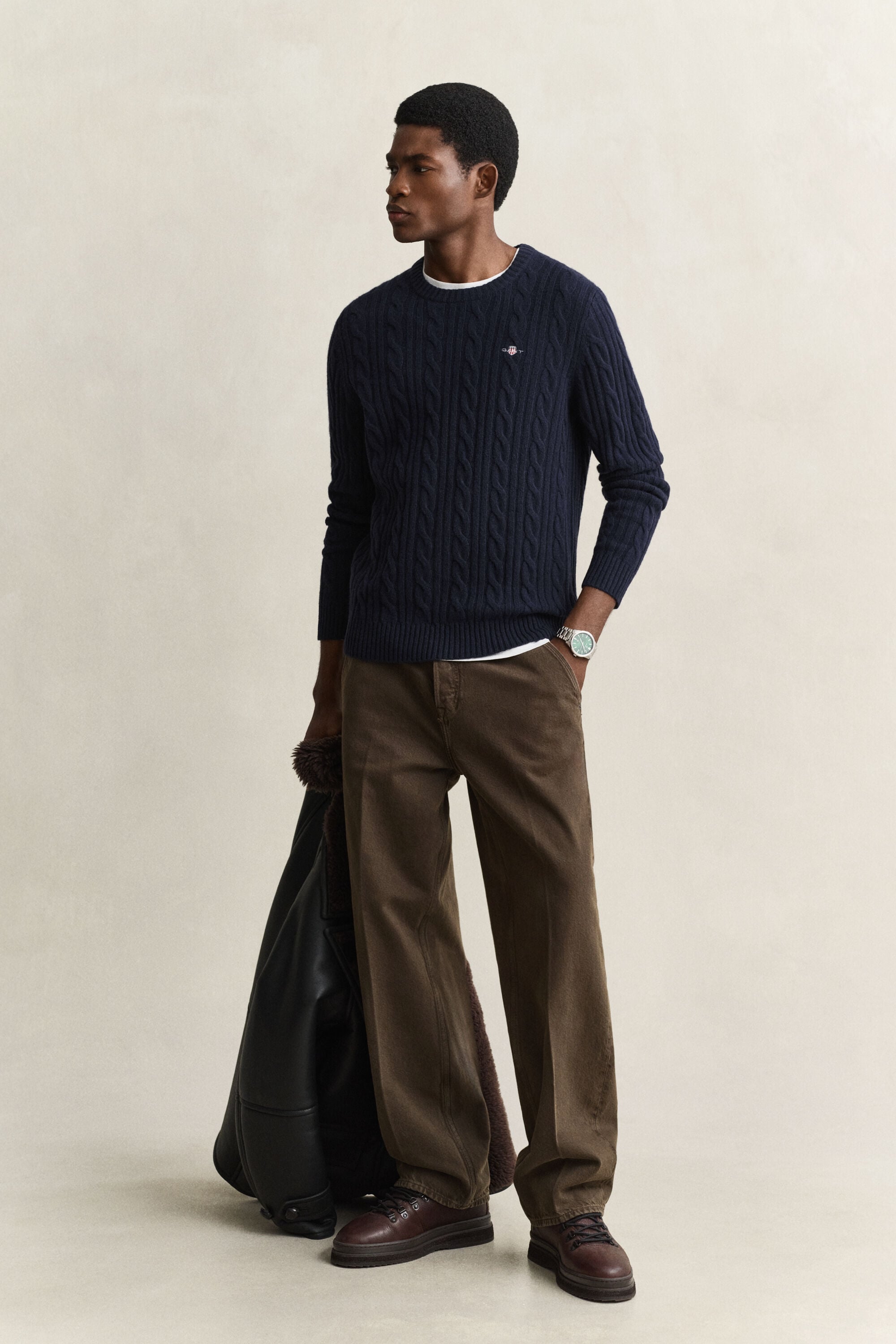 Lambswool Cable Knit Crew Neck Sweater