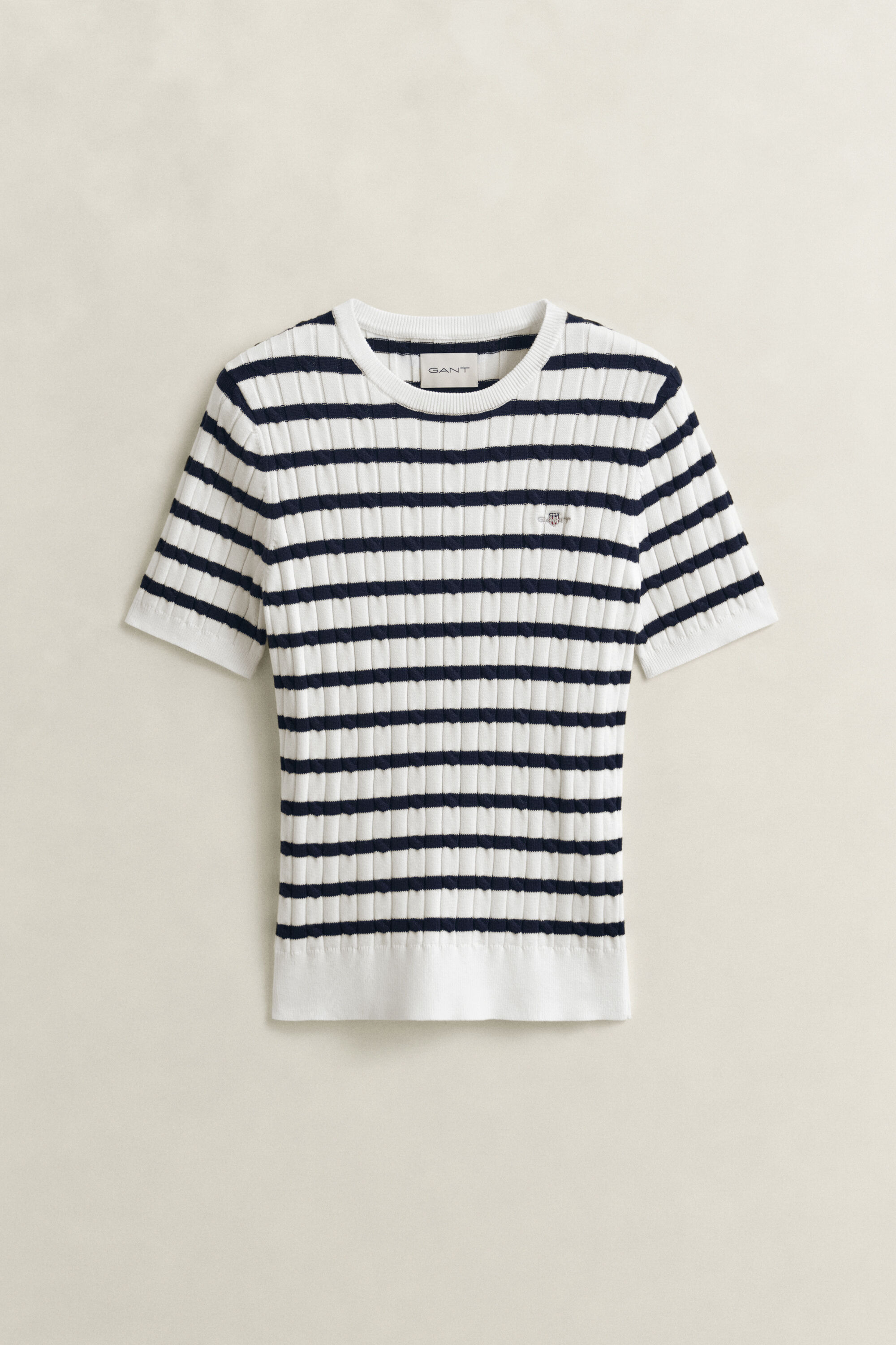 Striped Cable Knit Short Sleeve Sweater