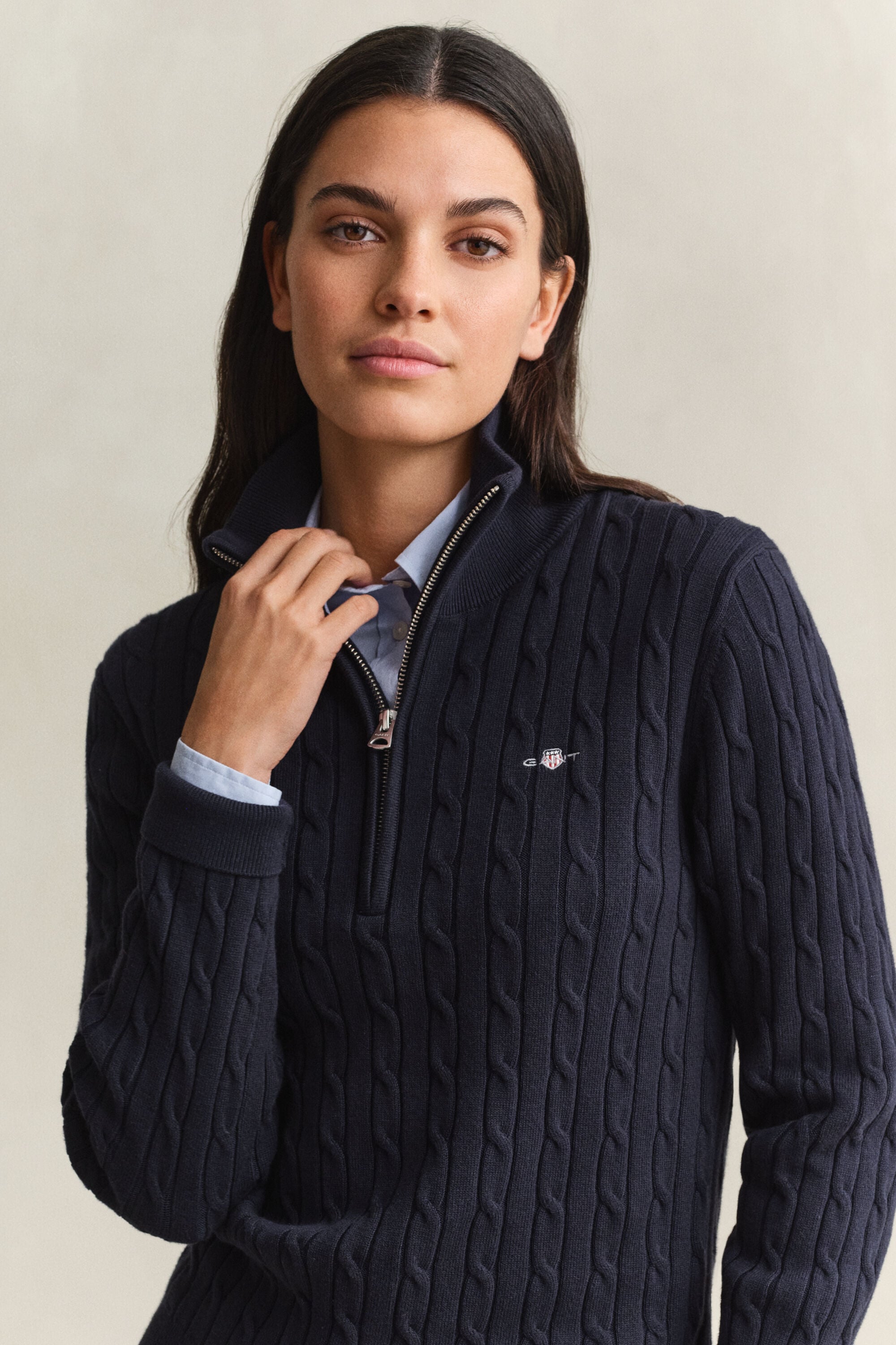 Stretch Cotton Cable Knit Half-Zip Sweater