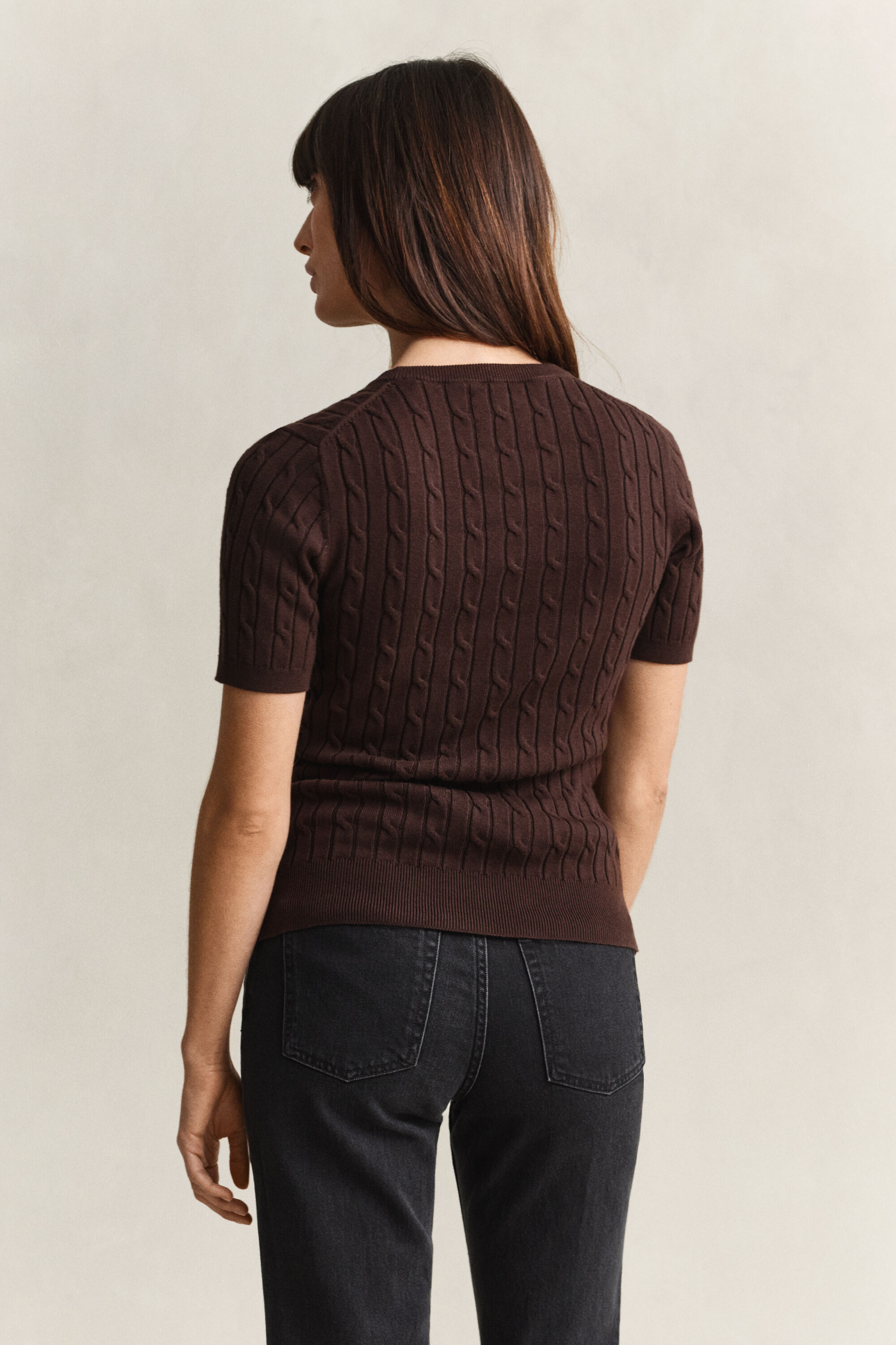 Stretch Cotton Cable Knit Short Sleeve Sweater