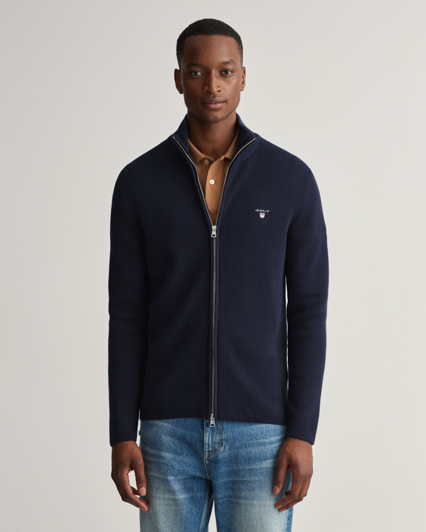 Rib Texture Full-Zip Sweater