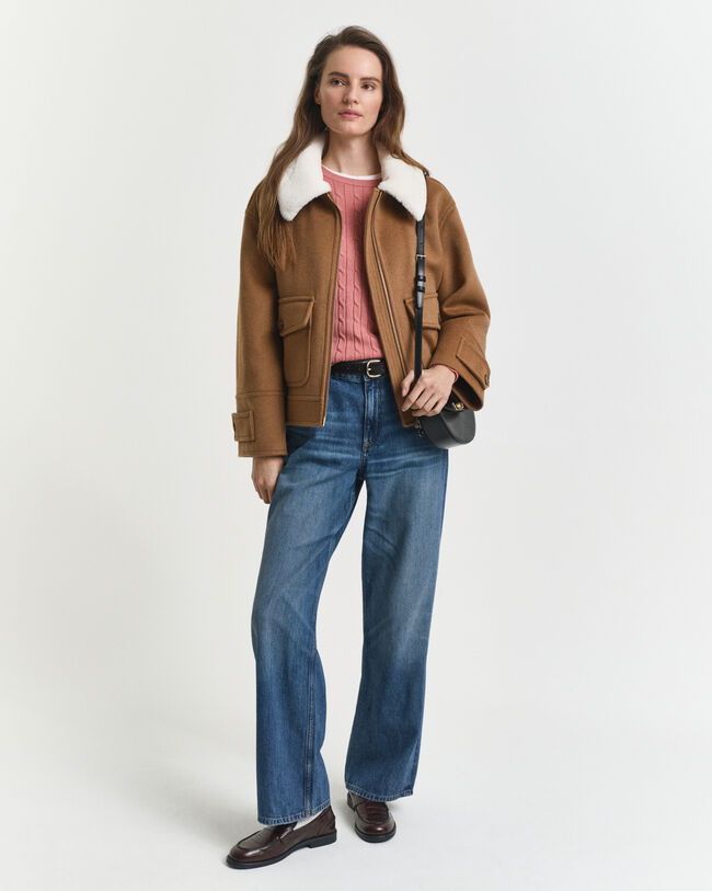 Stretch Cotton Cable Knit Crew Neck Sweater