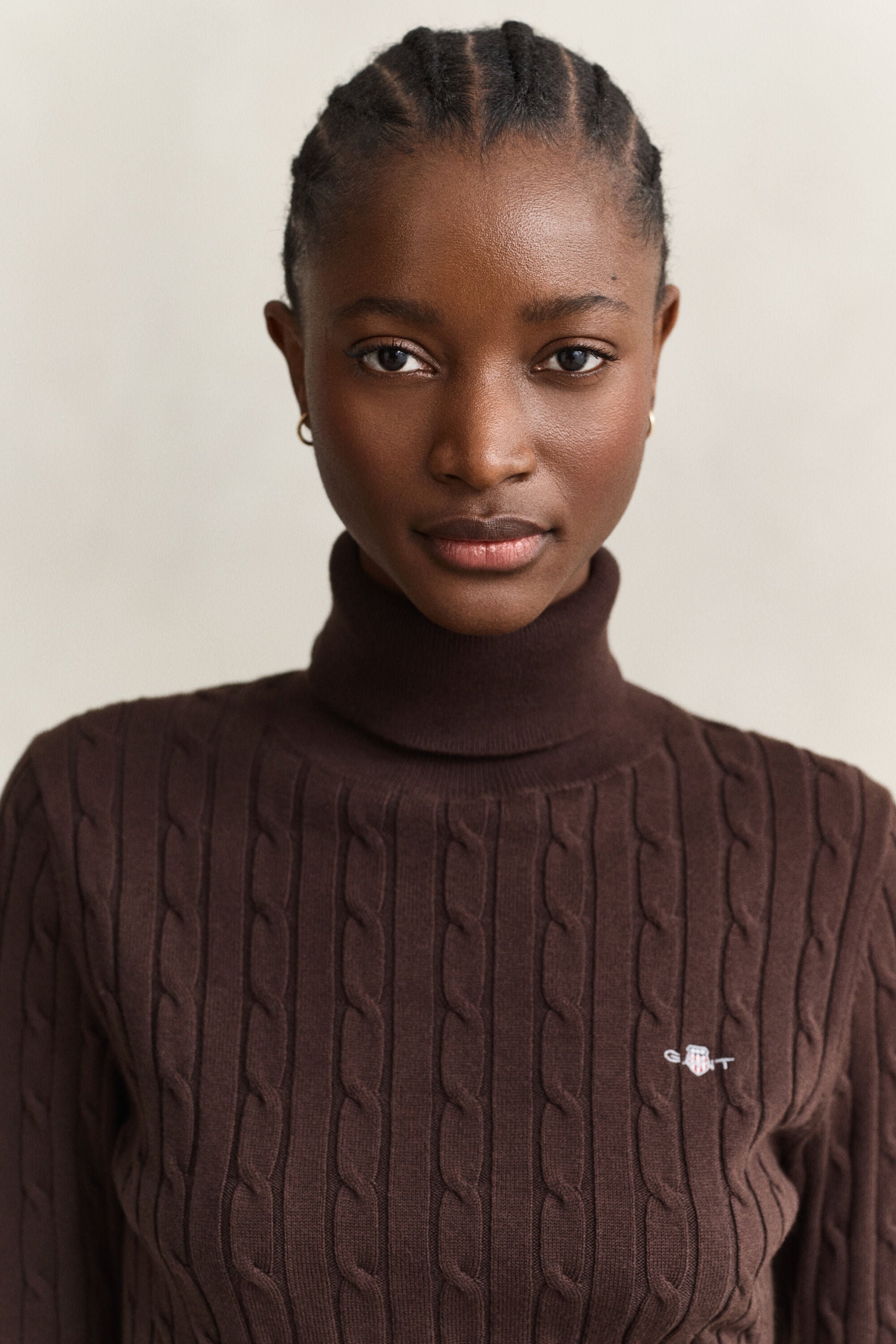 Stretch Cotton Cable Knit Turtleneck Sweater