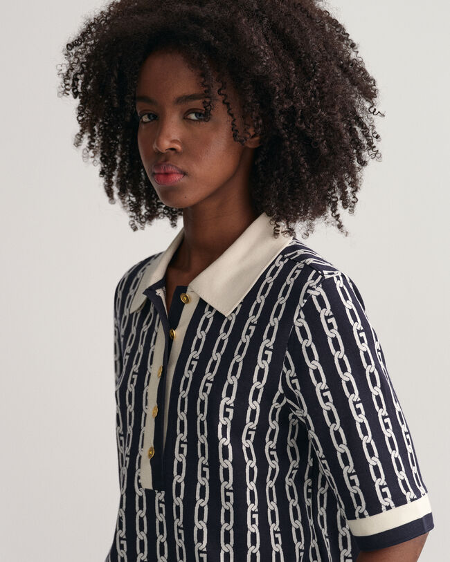 Chain Jacquard Mid Sleeve Polo Shirt