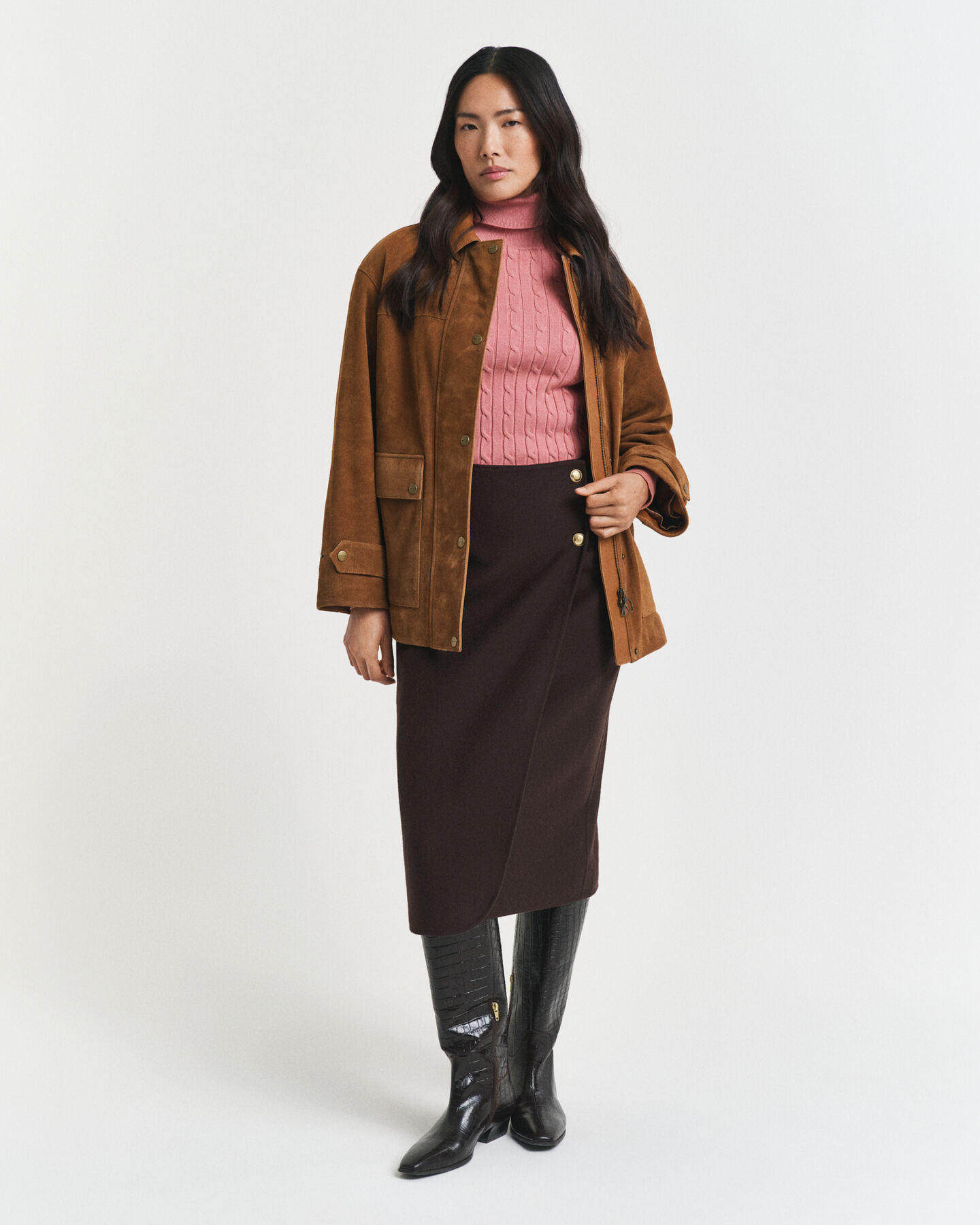 Stretch Cotton Cable Knit Turtleneck Sweater