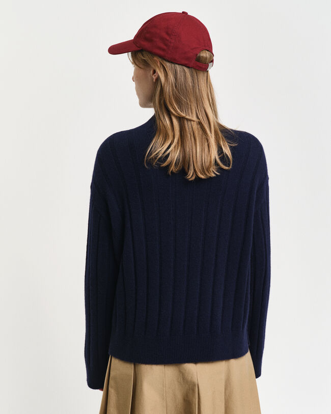 Wide Ribbed Wool Stand Collar Sweater