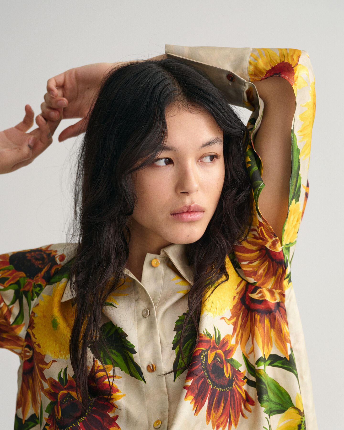 Sunflower Print Popover Silk Blouse