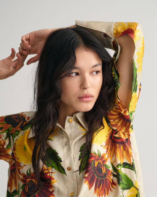 Sunflower Print Popover Silk Blouse