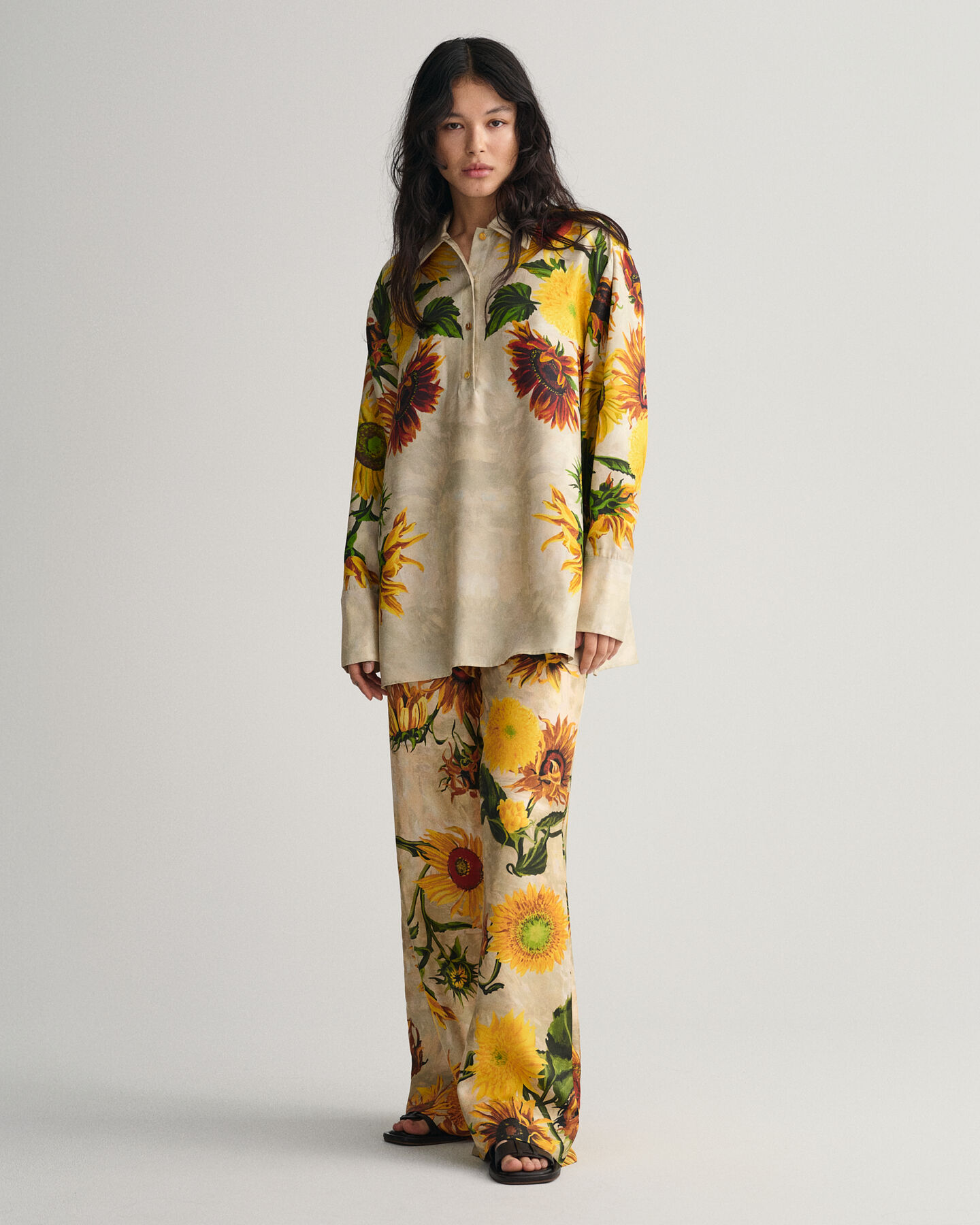 Sunflower Print Popover Silk Blouse