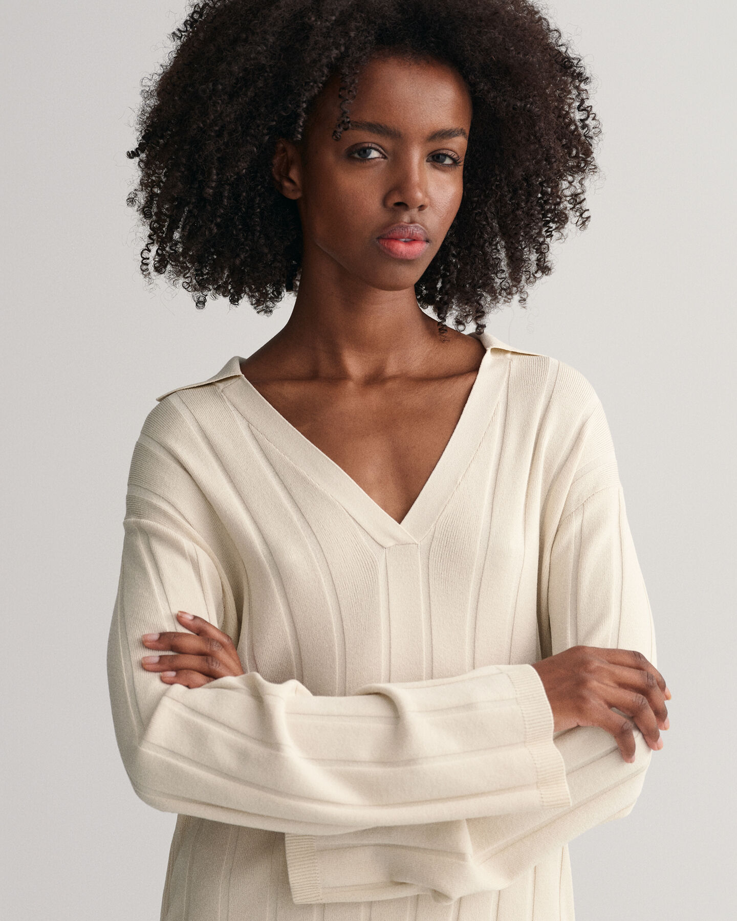 Rib Knit Open Collar Sweater