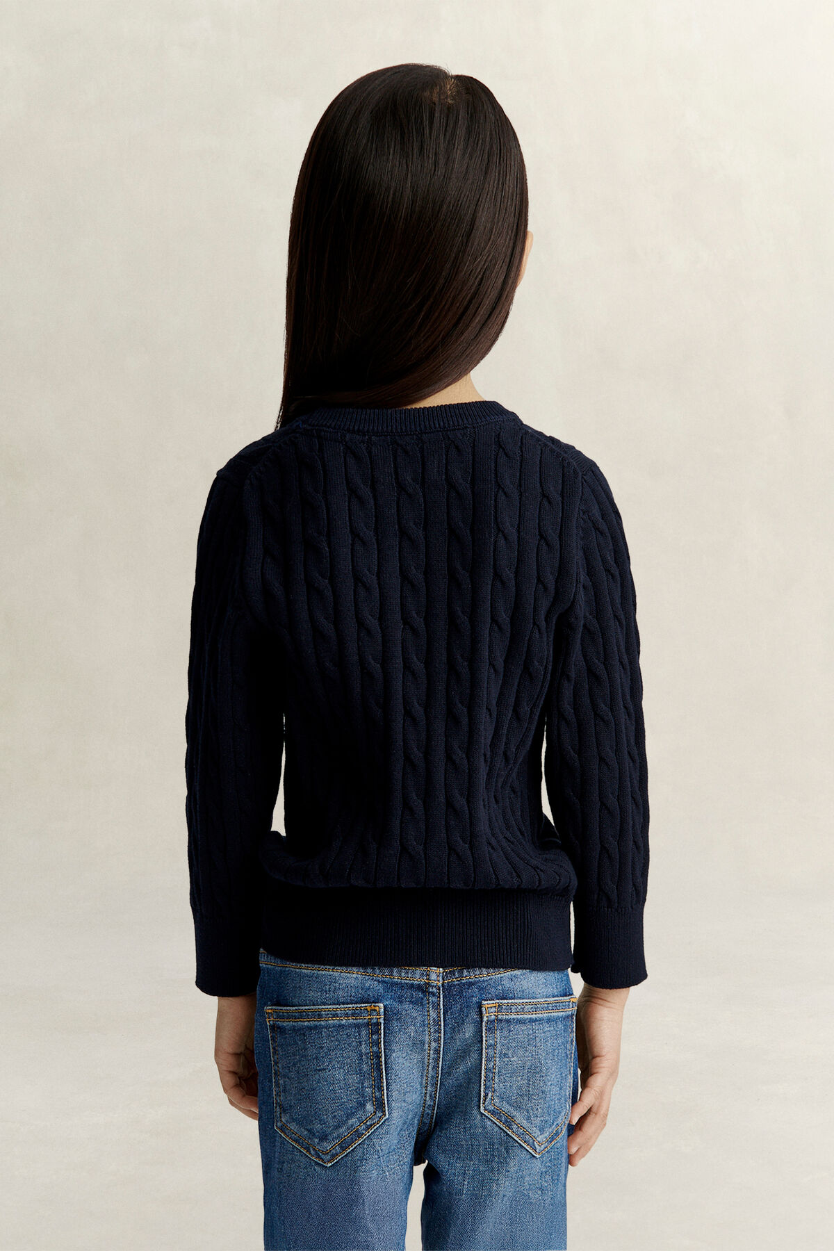 Girls Shield Cable Knit Sweater — EVENING BLUE