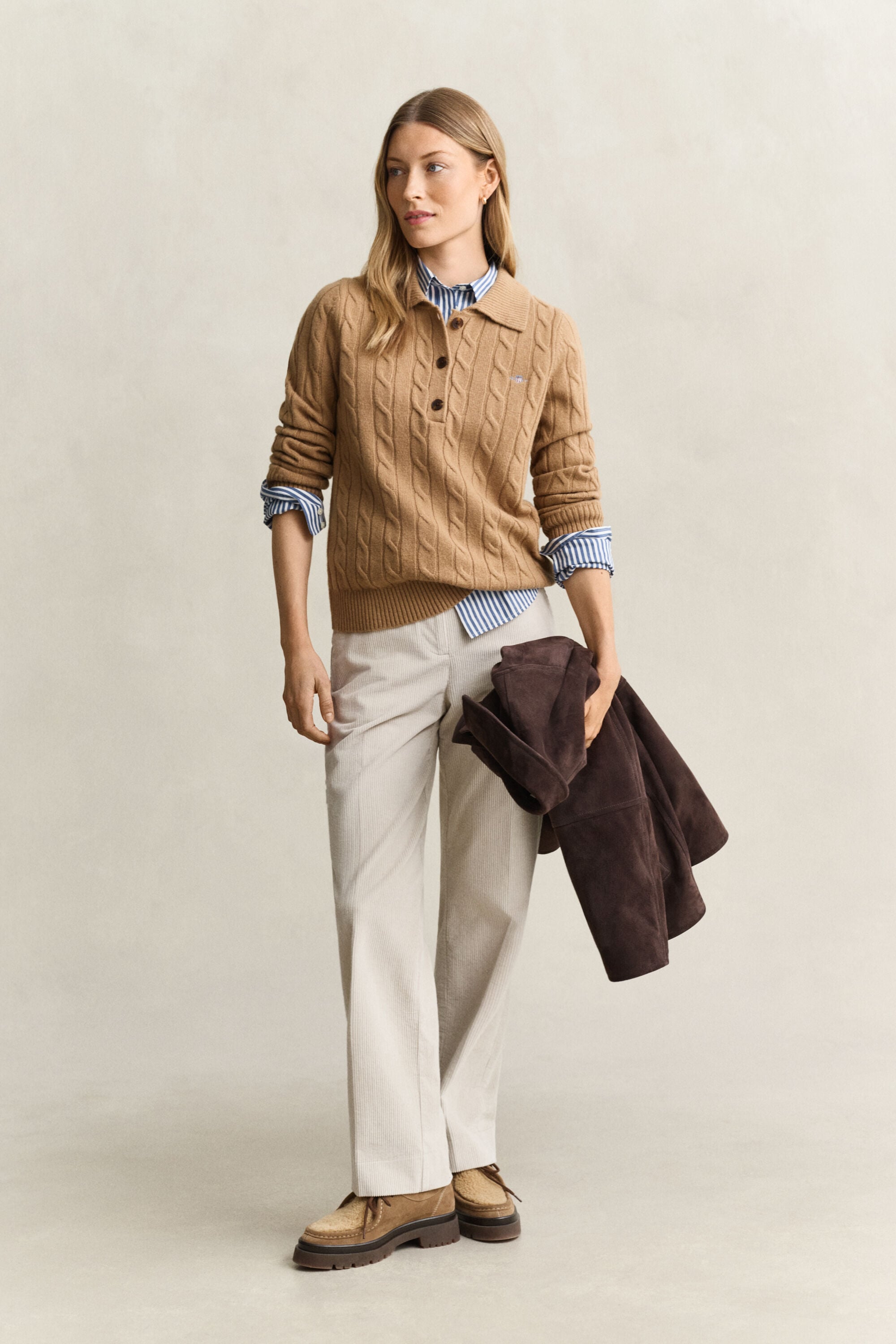 Lambswool Cable Knit Rugger — WARM KHAKI