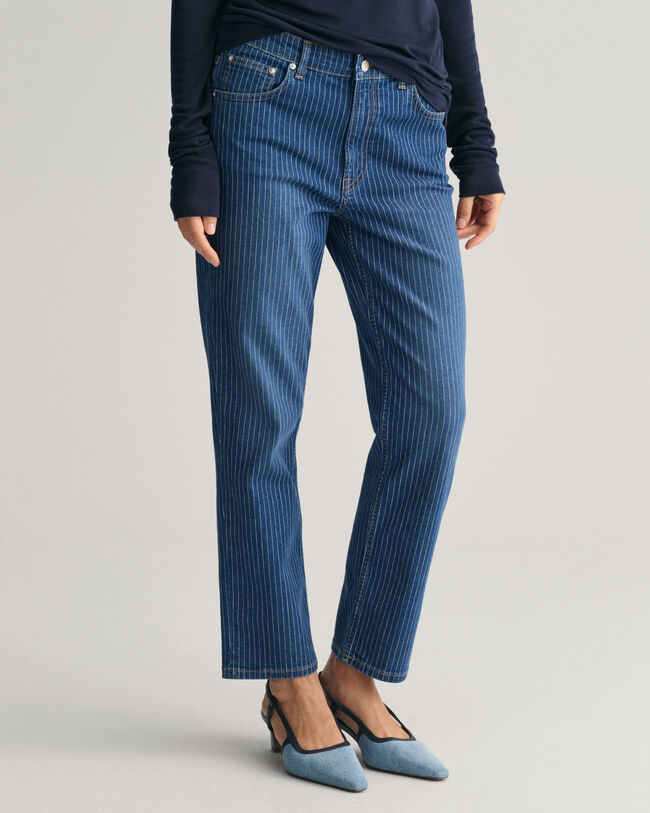 Straight Leg Striped Cropped Jeans