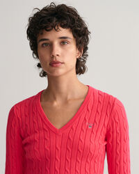 Stretch Cotton Cable Knit V-Neck Sweater