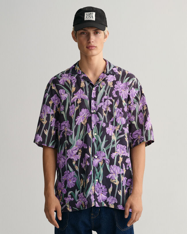 Relaxed Fit Iris Print Linen Lyocell Short Sleeve Shirt