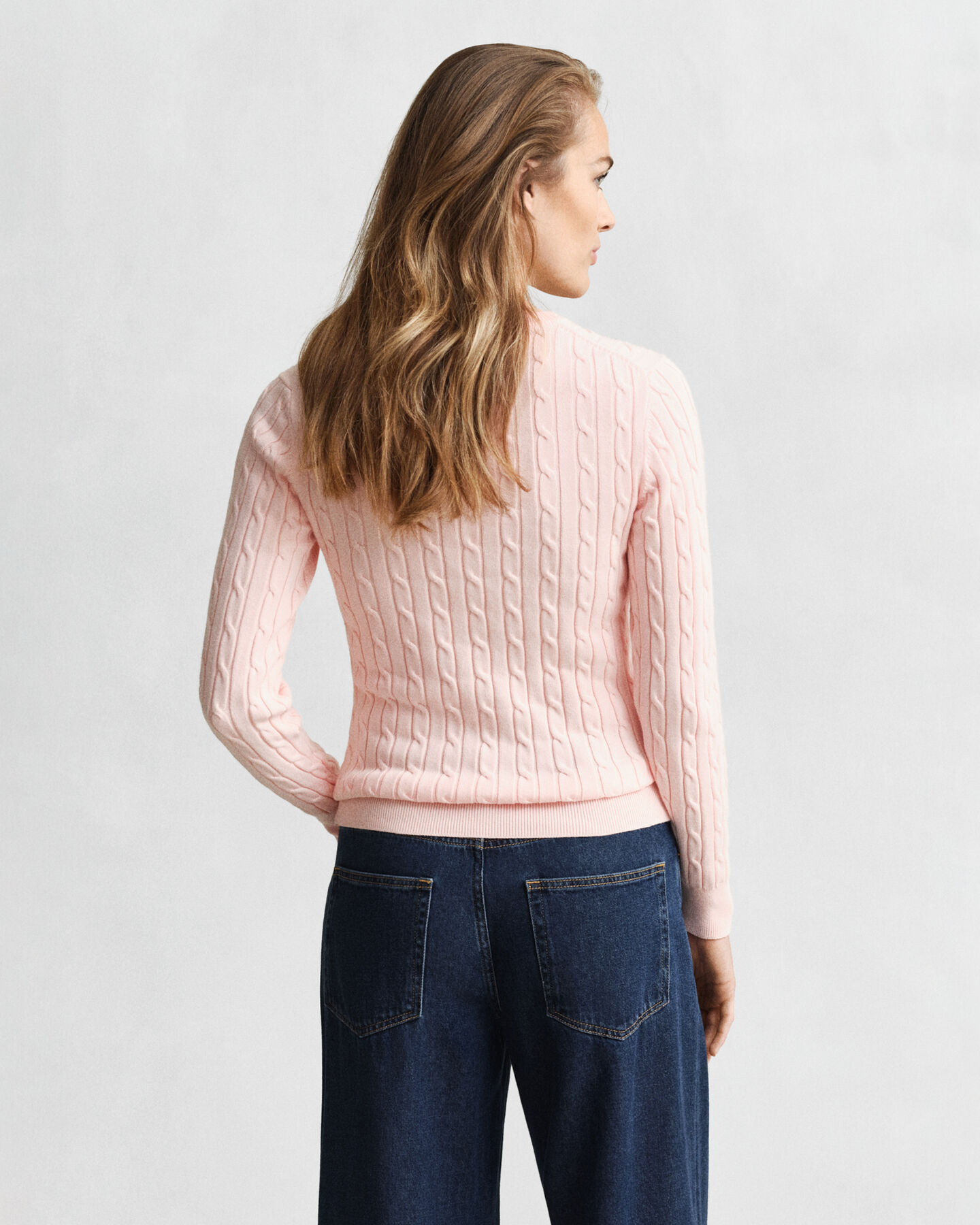 Stretch Cotton Cable Knit Crew Neck Sweater
