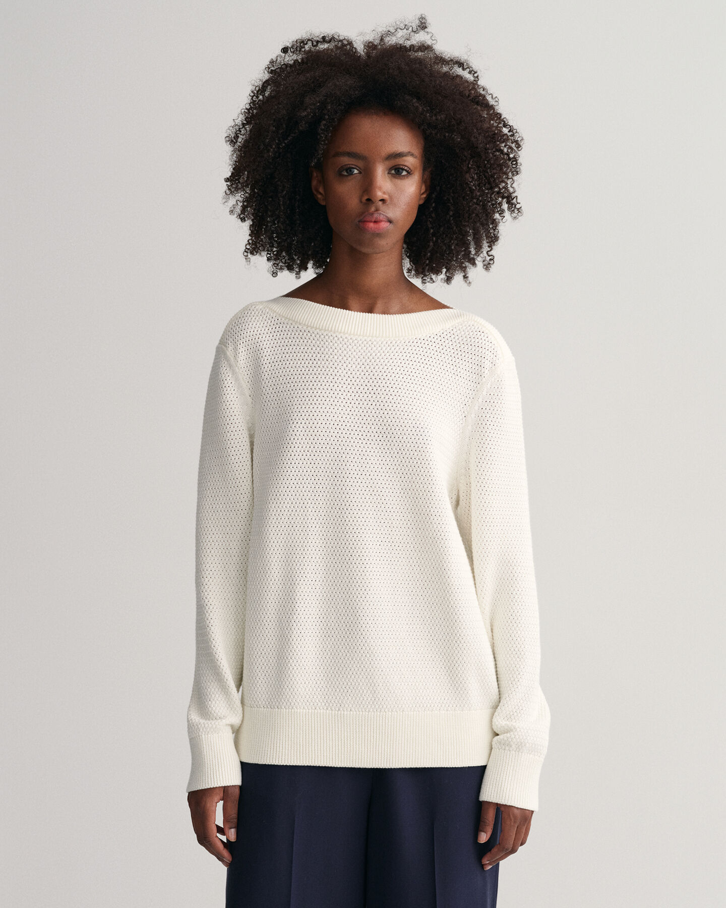 Textured Cotton Boat Neck Sweater