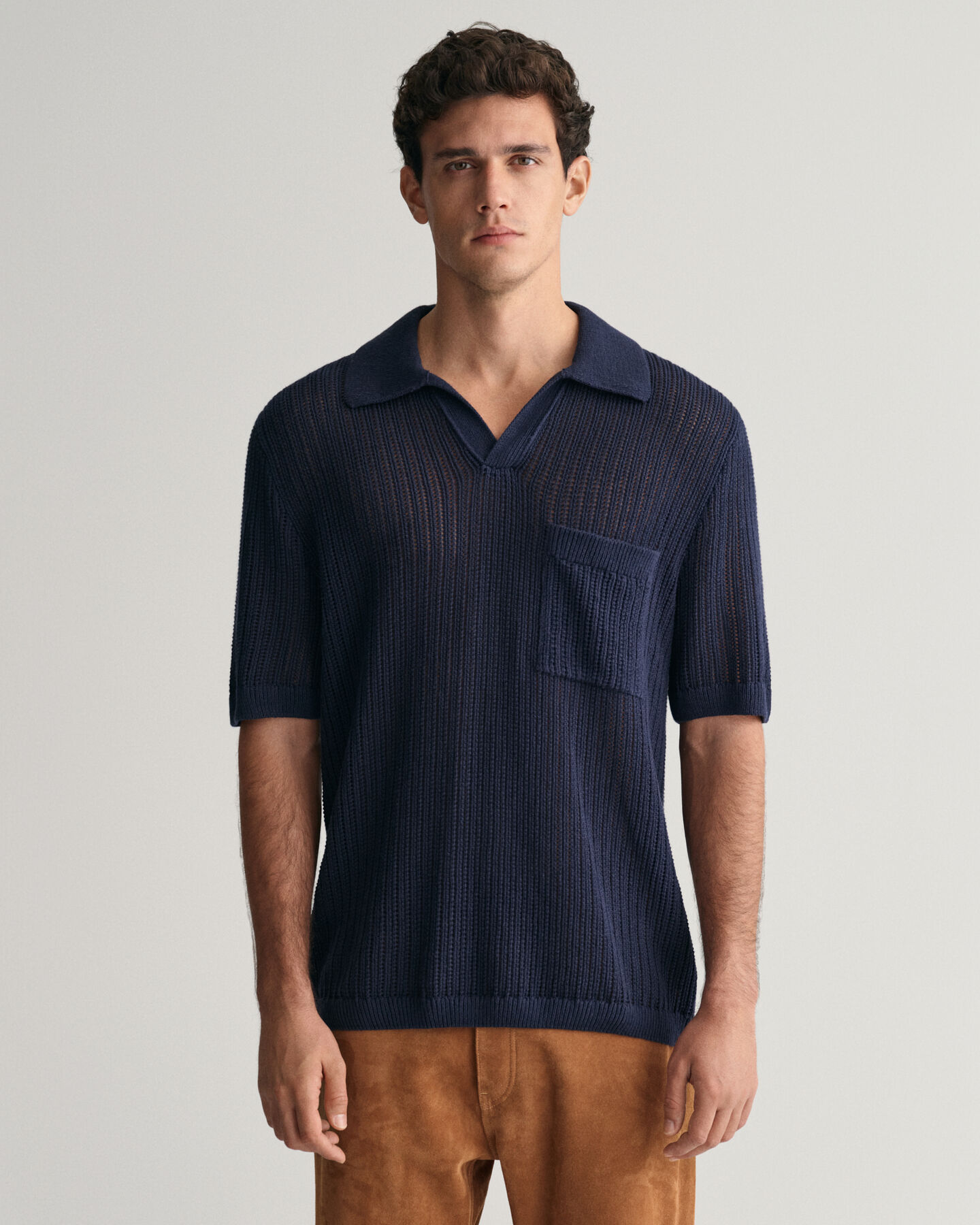 Ribbed Linen Blend Short Sleeve Polo Sweater