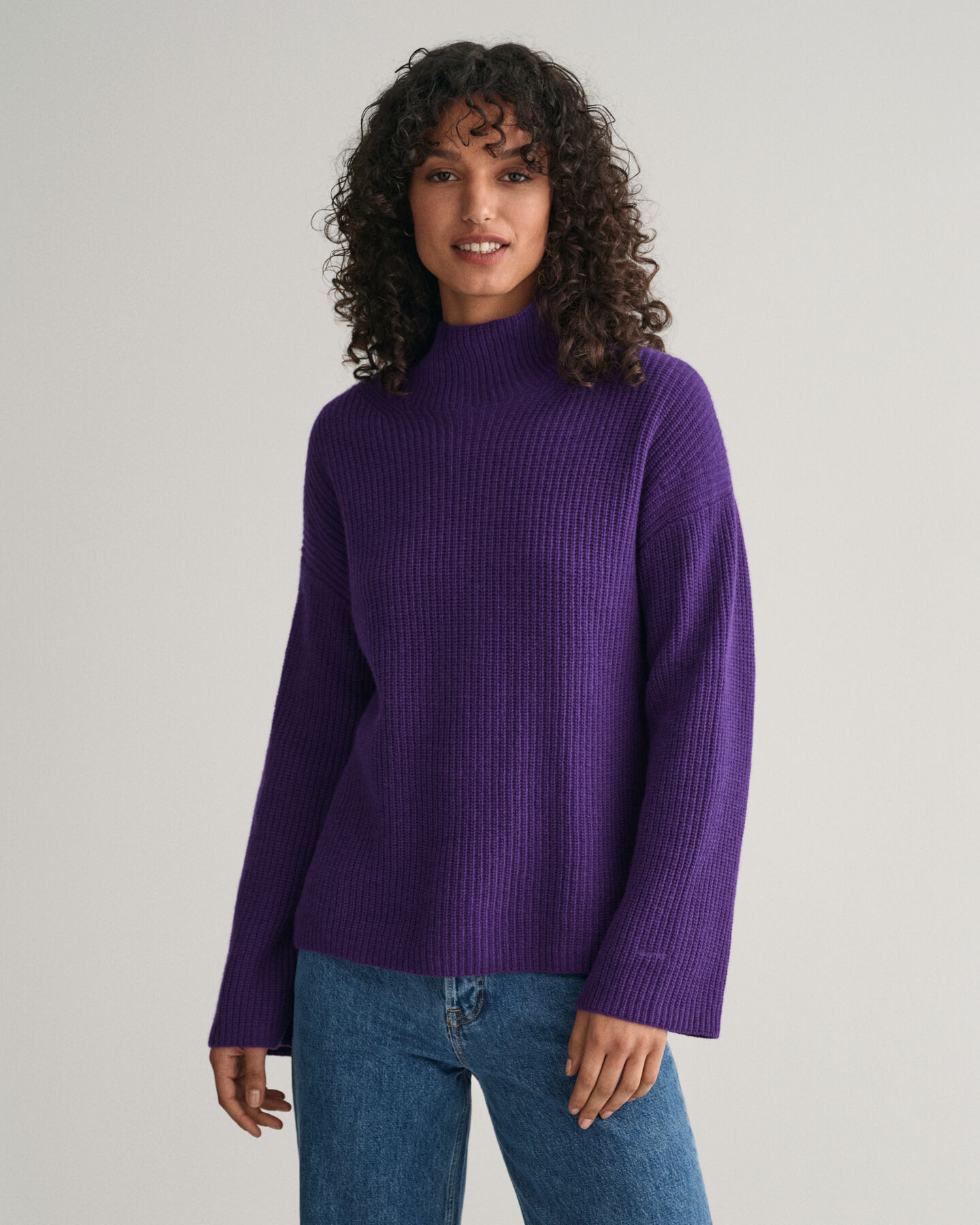 Ribbed Wool Stand Collar Sweater
