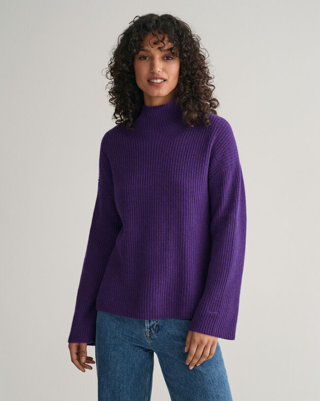 Ribbed Wool Stand Collar Sweater