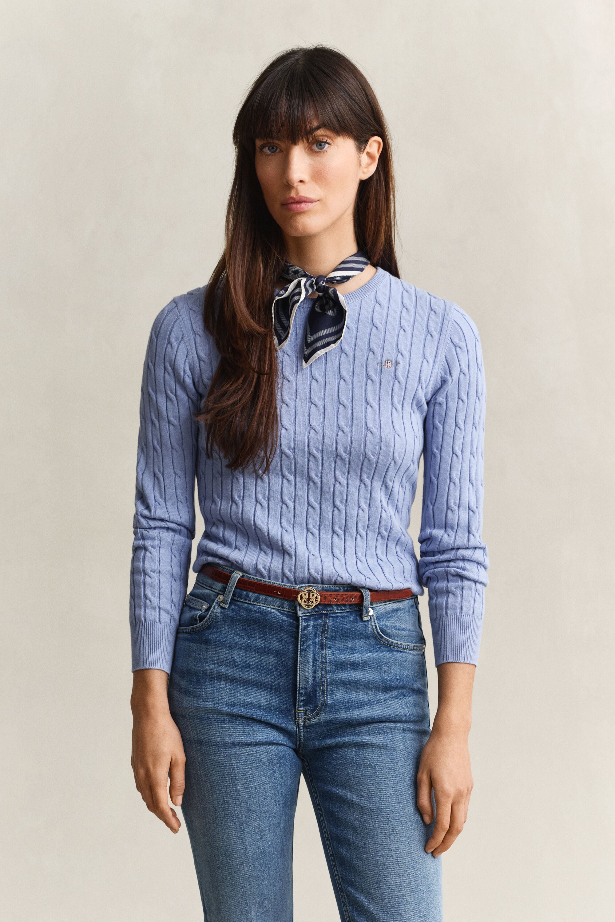 Stretch Cotton Cable Knit Crew Neck Sweater