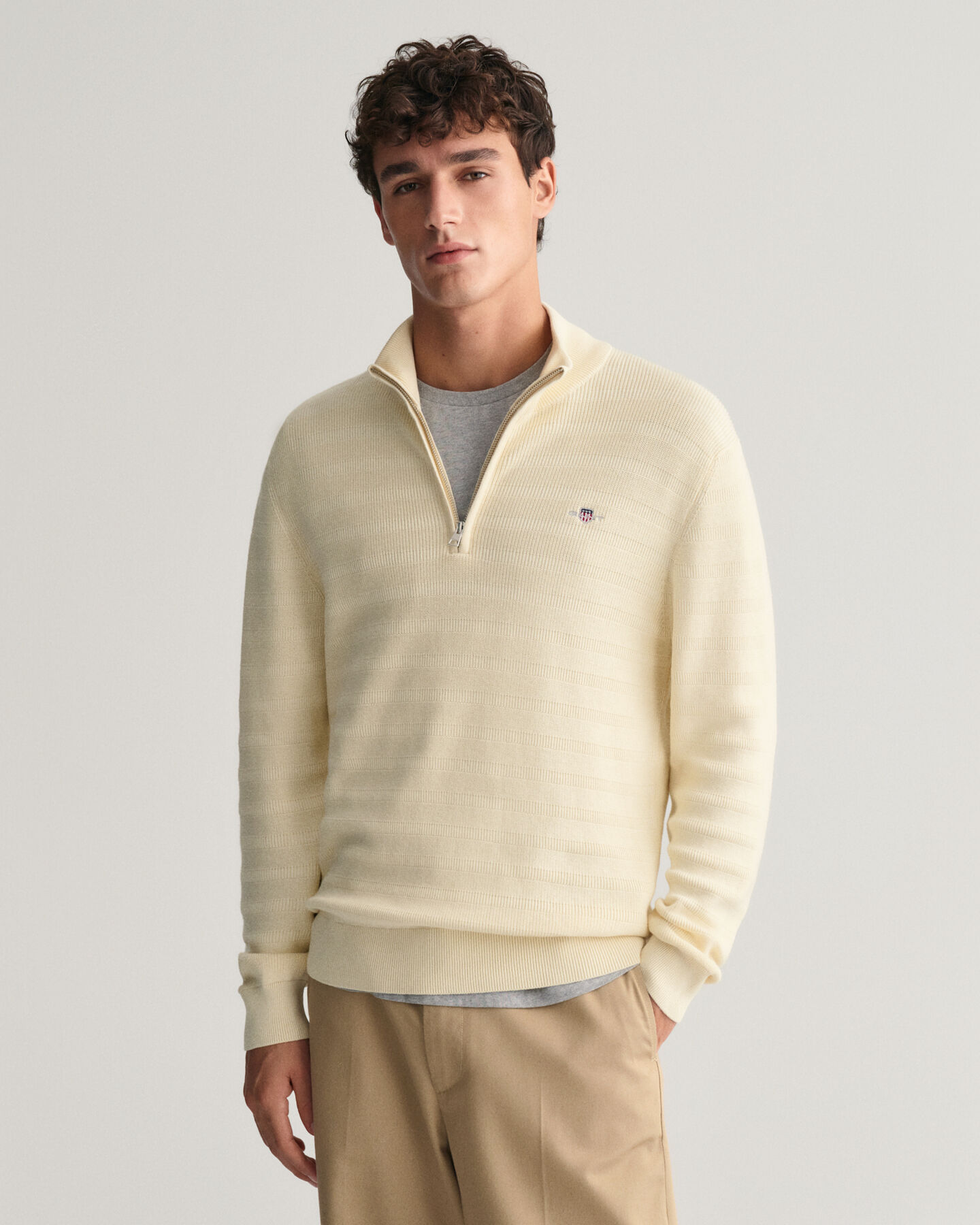 Striped Textured Cotton Half-Zip Sweater