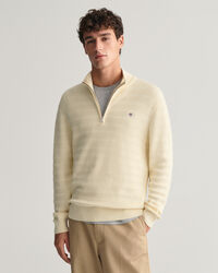 Striped Textured Cotton Half-Zip Sweater