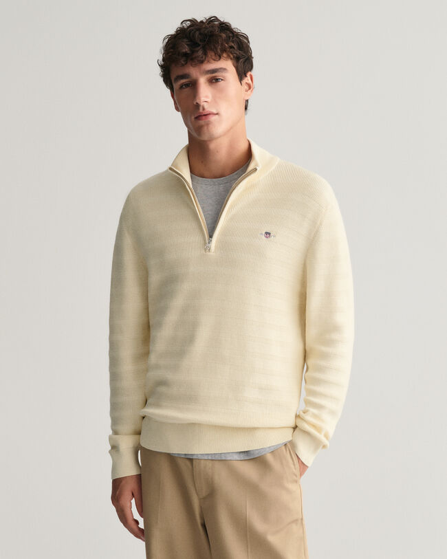 Striped Textured Cotton Half-Zip Sweater