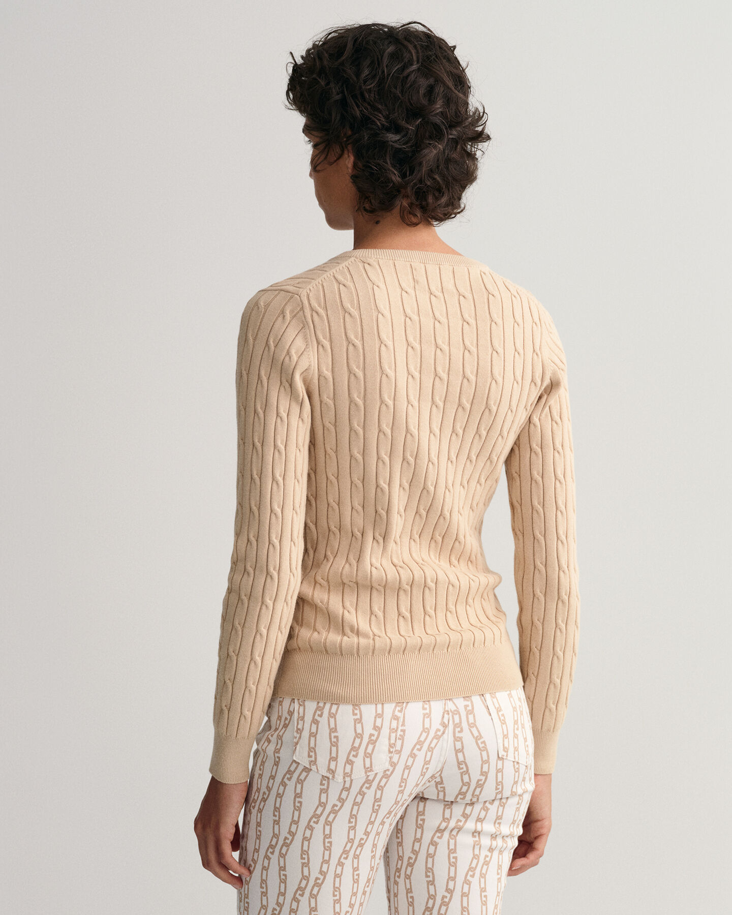 Stretch Cotton Cable Knit V-Neck Sweater