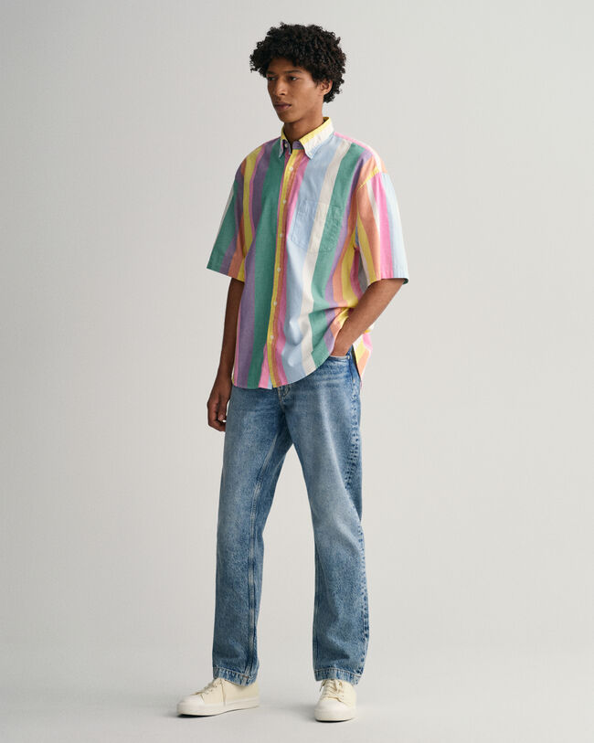 Relaxed Fit Multi Stripe Oxford Short Sleeve Shirt