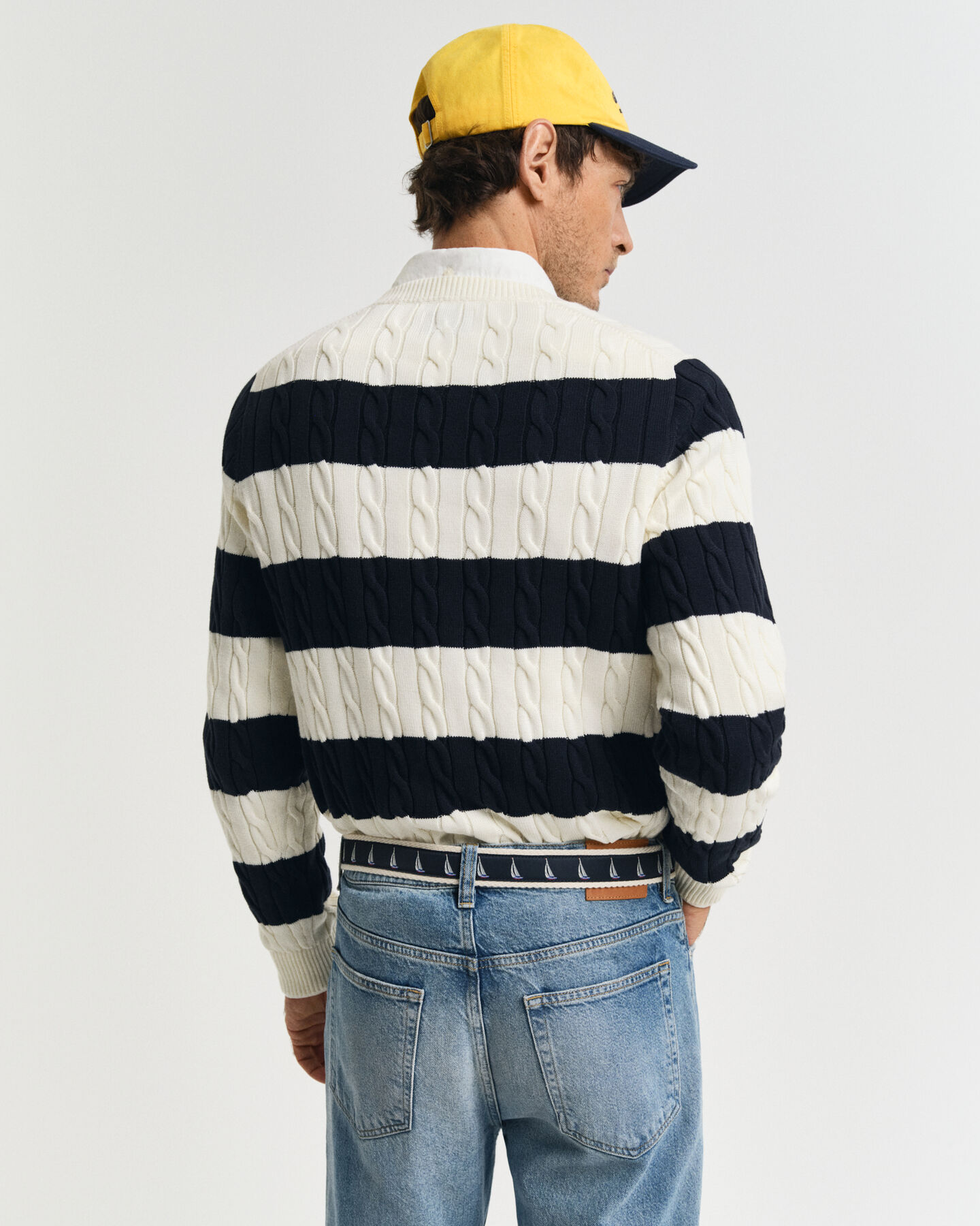 Striped Cotton Cable Knit Crew Neck Sweater