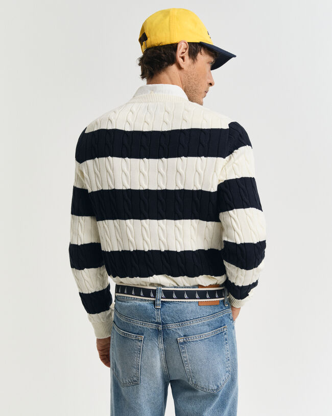 Striped Cotton Cable Knit Crew Neck Sweater