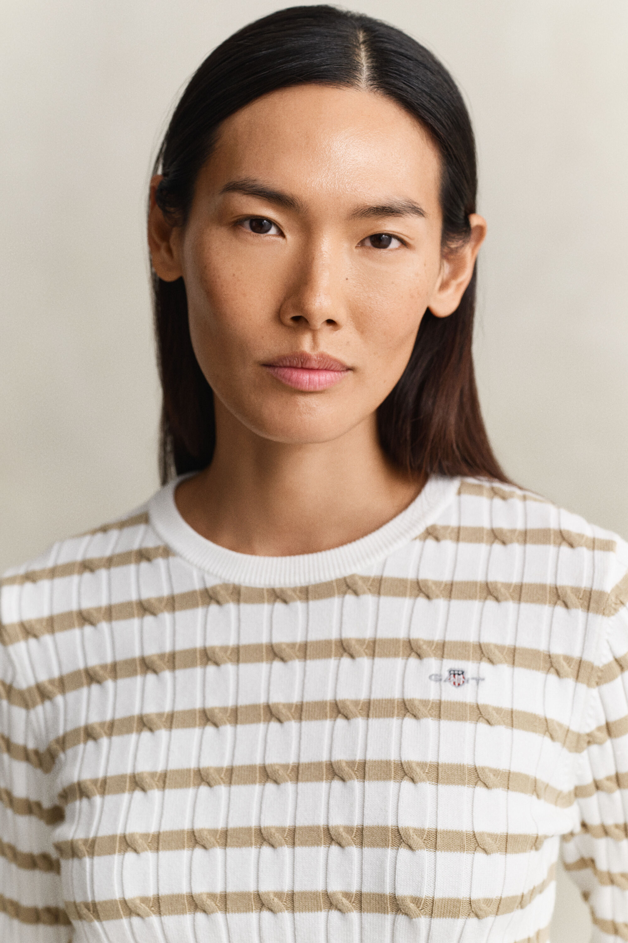 Striped Cable Knit Crew Neck Sweater