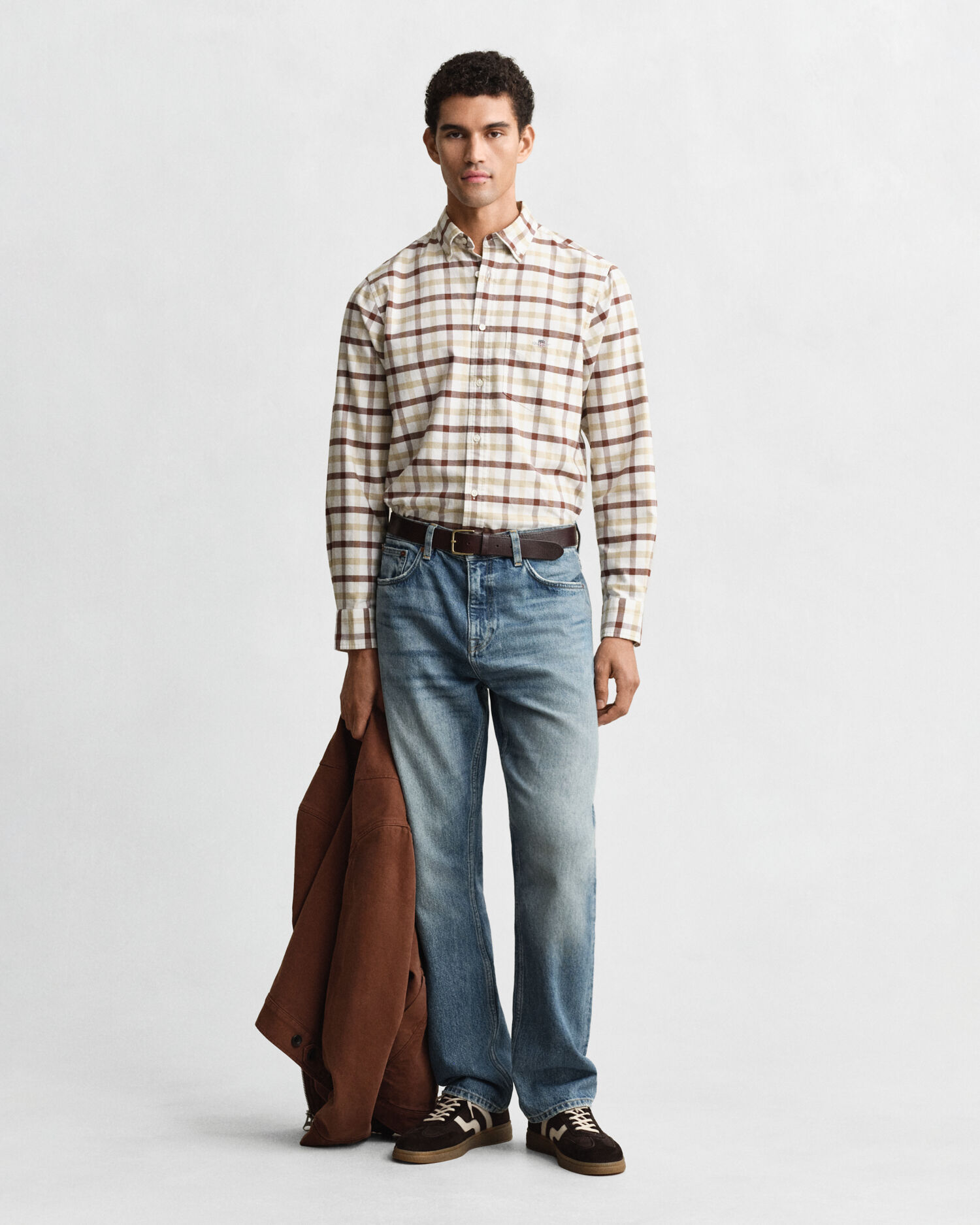 Regular Fit Checked Oxford Shirt — MAHOGANY BROWN
