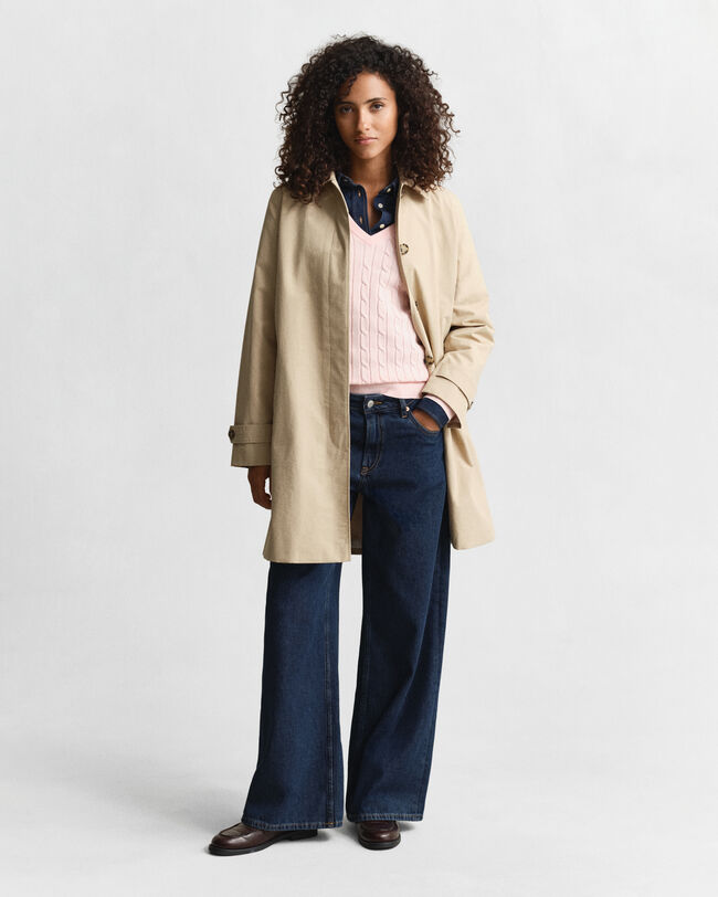 Stretch Cotton Cable Knit V-Neck Sweater