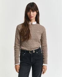 Stretch Cotton Cable Knit Crew Neck Sweater