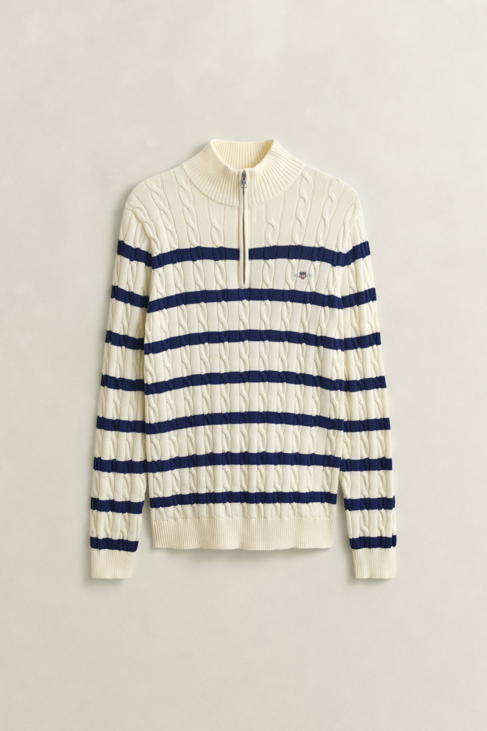 Striped Cotton Cable Knit Half-Zip Sweater
