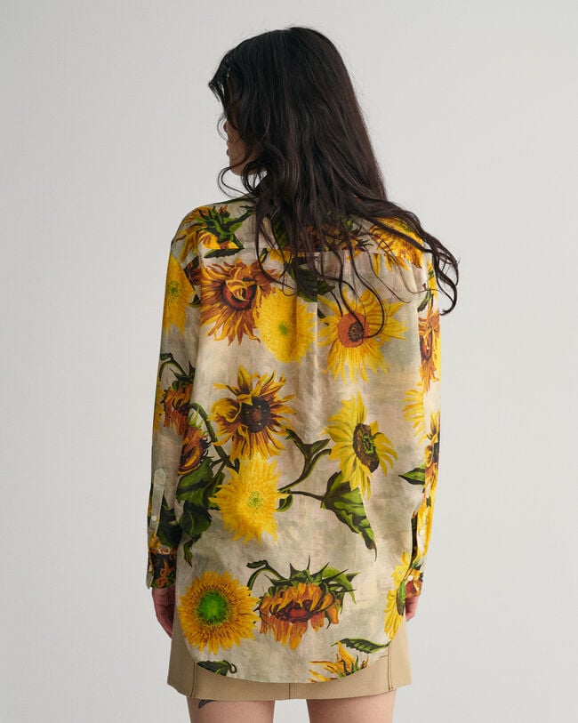 Relaxed Fit Sunflower Print Cotton Silk Shirt