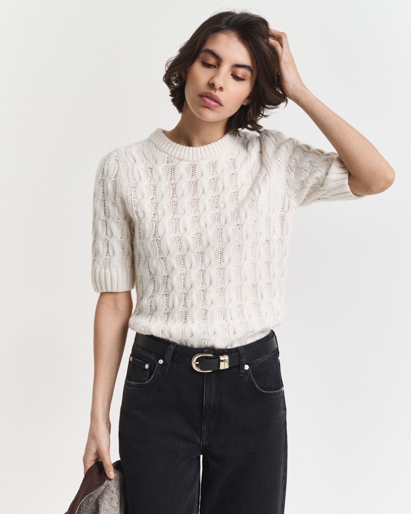 Puff Sleeve Cable Knit Short Sleeve Top